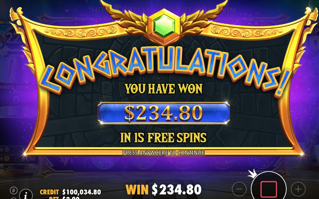 Win screen showing the total of a tumble sequence